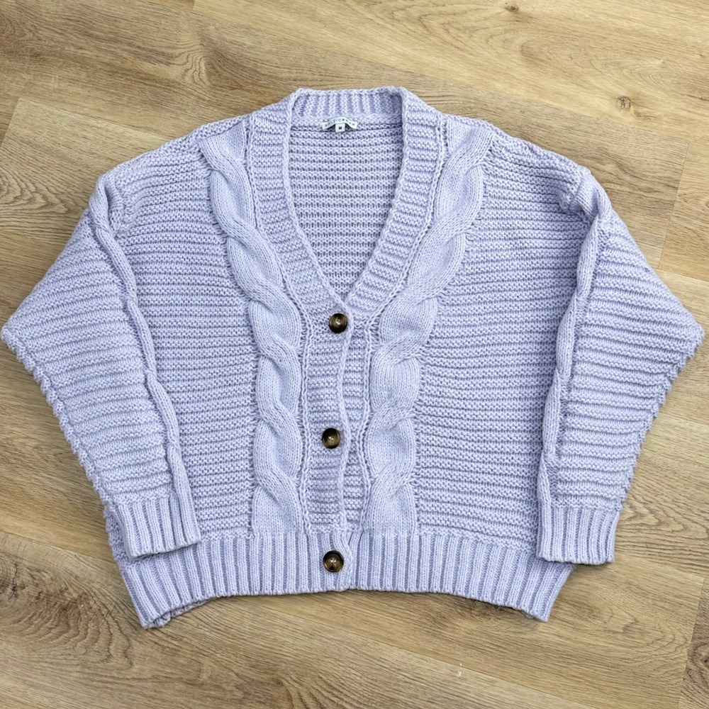 Baltic Born Cable Knit Cardigan Women Size M Lavender Cozy Soft Chunky